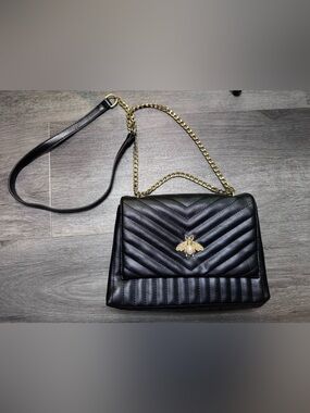 Black Quilted Crossbody Bag with Gold Bee Accent
